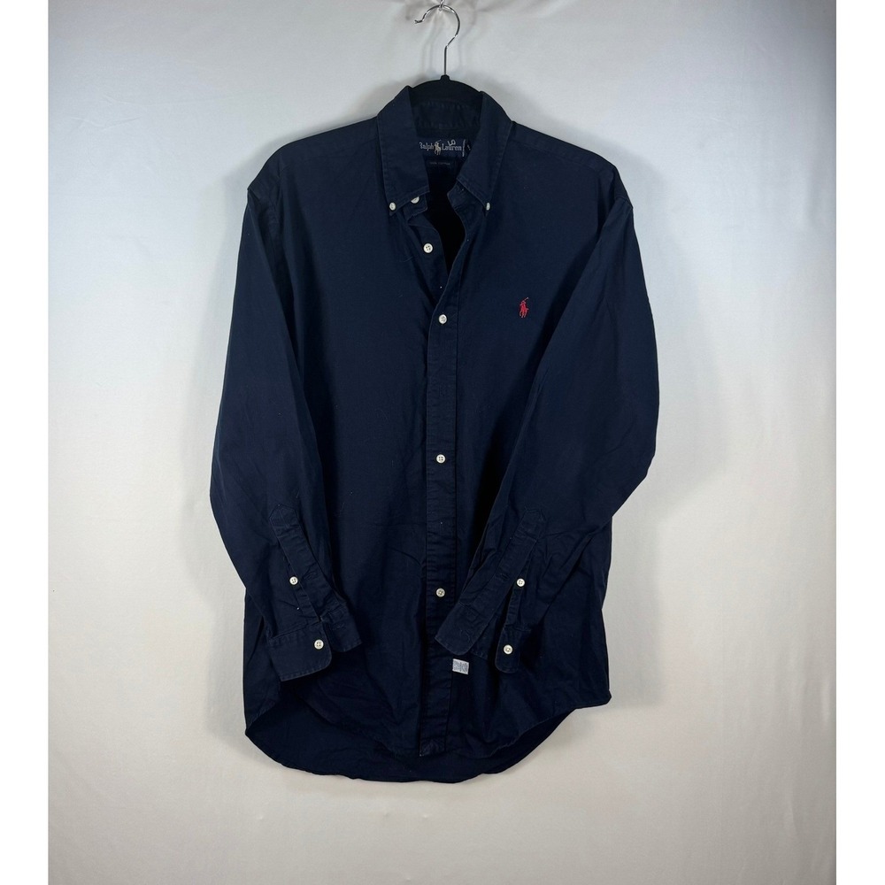 Ralph Lauren Mens Small Navy Blue Cotton Button Down Shirt Red Pony Logo